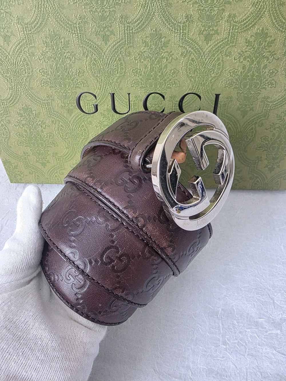 Auth Gucci Guccissima Double GG Leather Belt